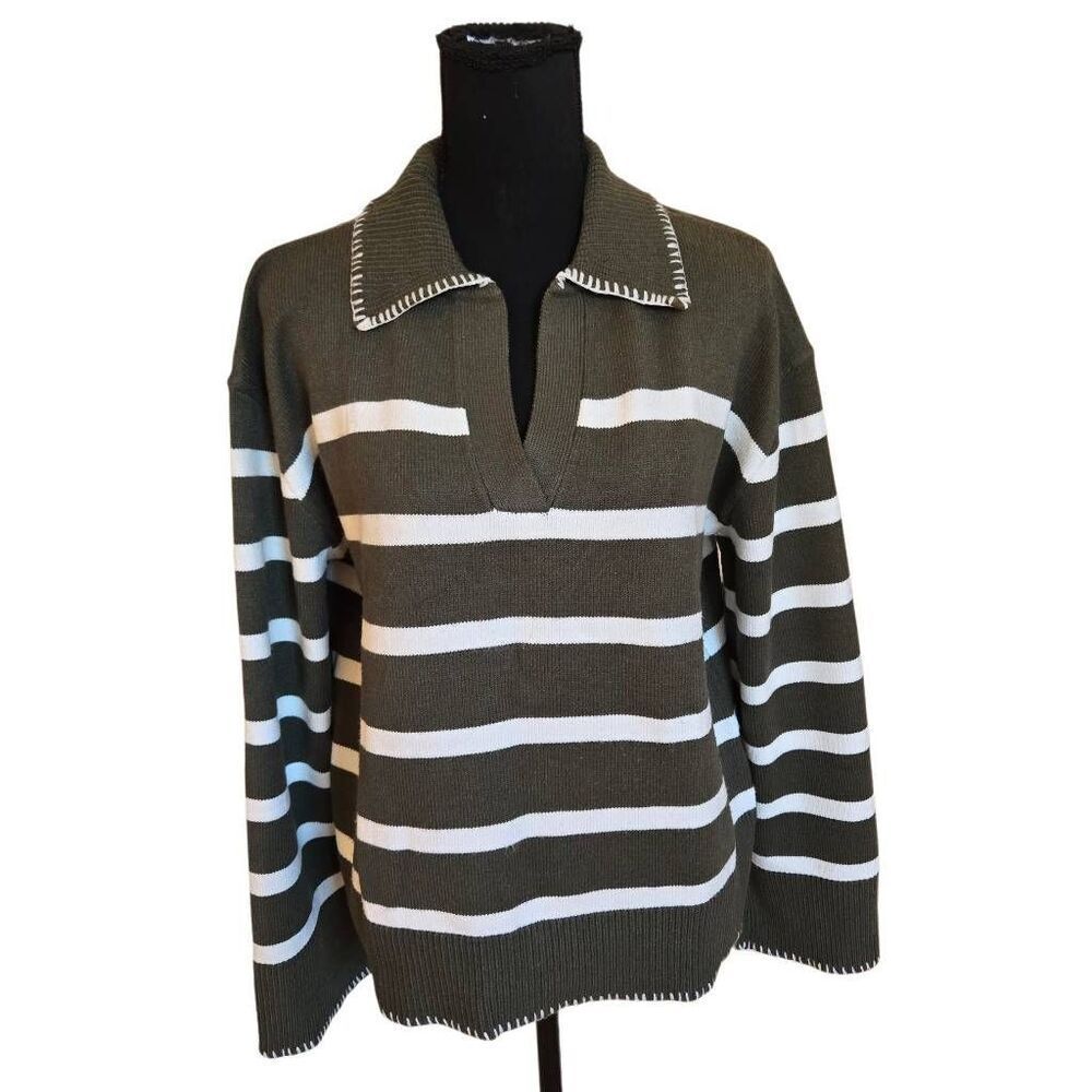 Merokeety Womens Striped Johnny Collar Oversized Pullover Sweater Green Large